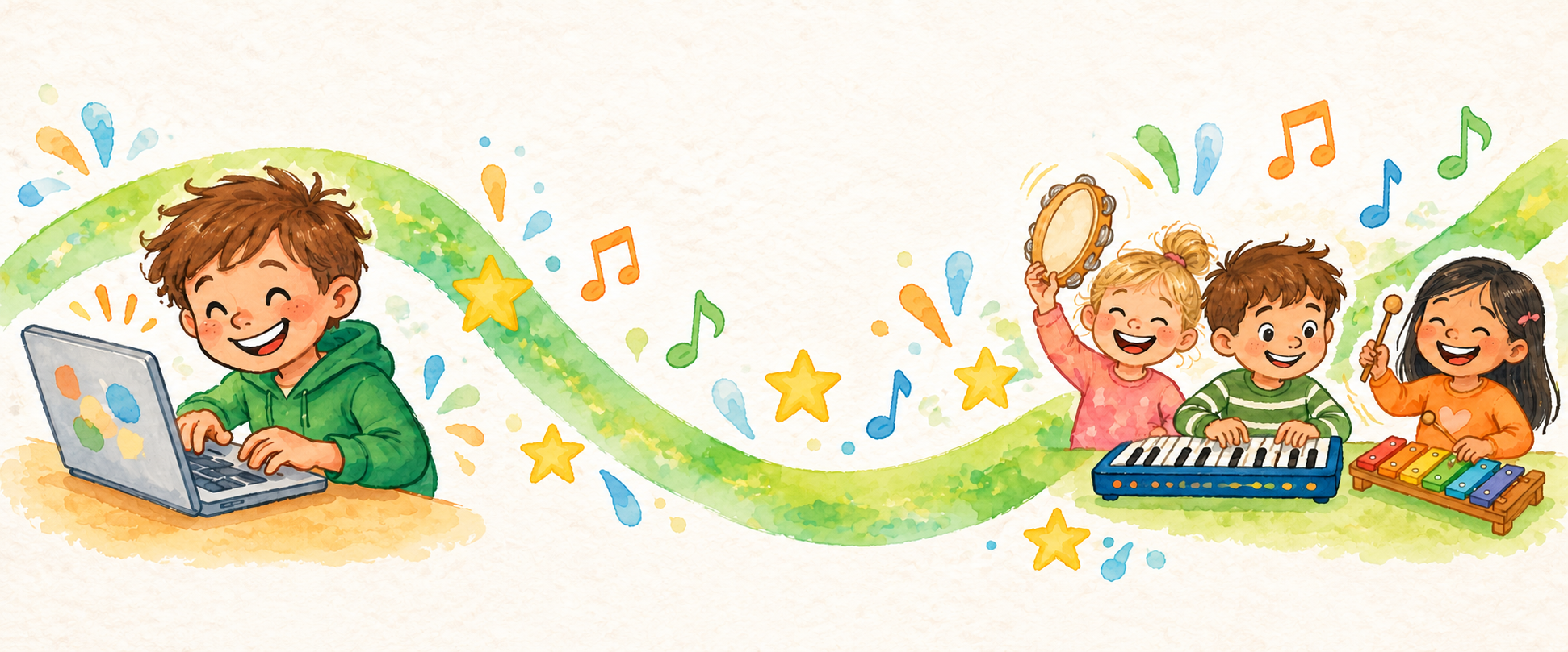 Kinderen typen en maken samen muziek